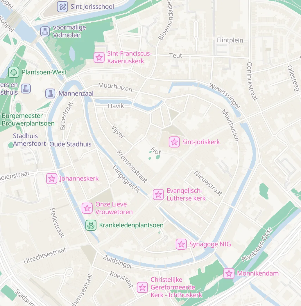 De route door de binnenstad van Amersfoort, met de tien stops erop